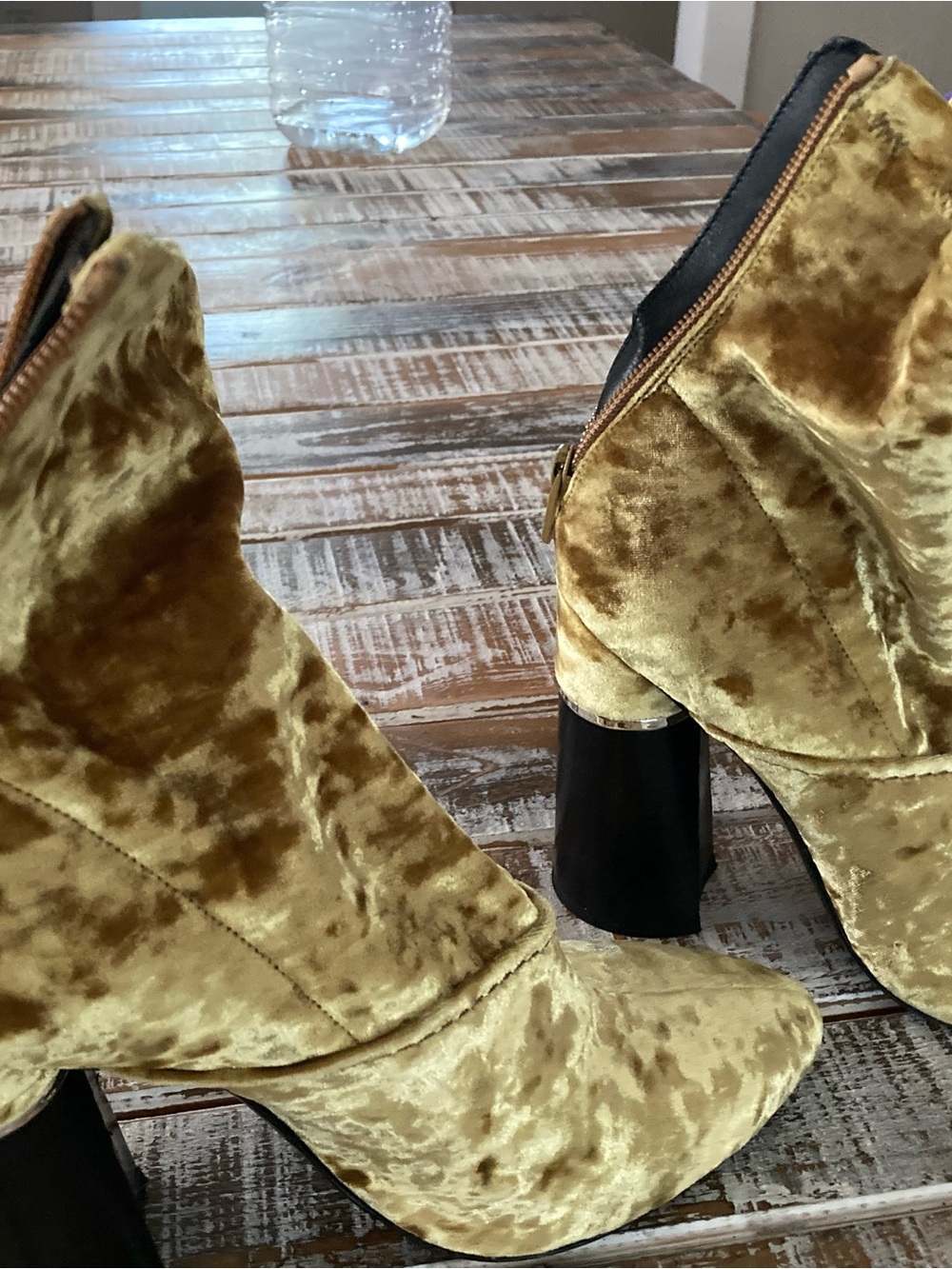 3.1 Phillip Lim Gold Velvet Block Heel Ankle Boots